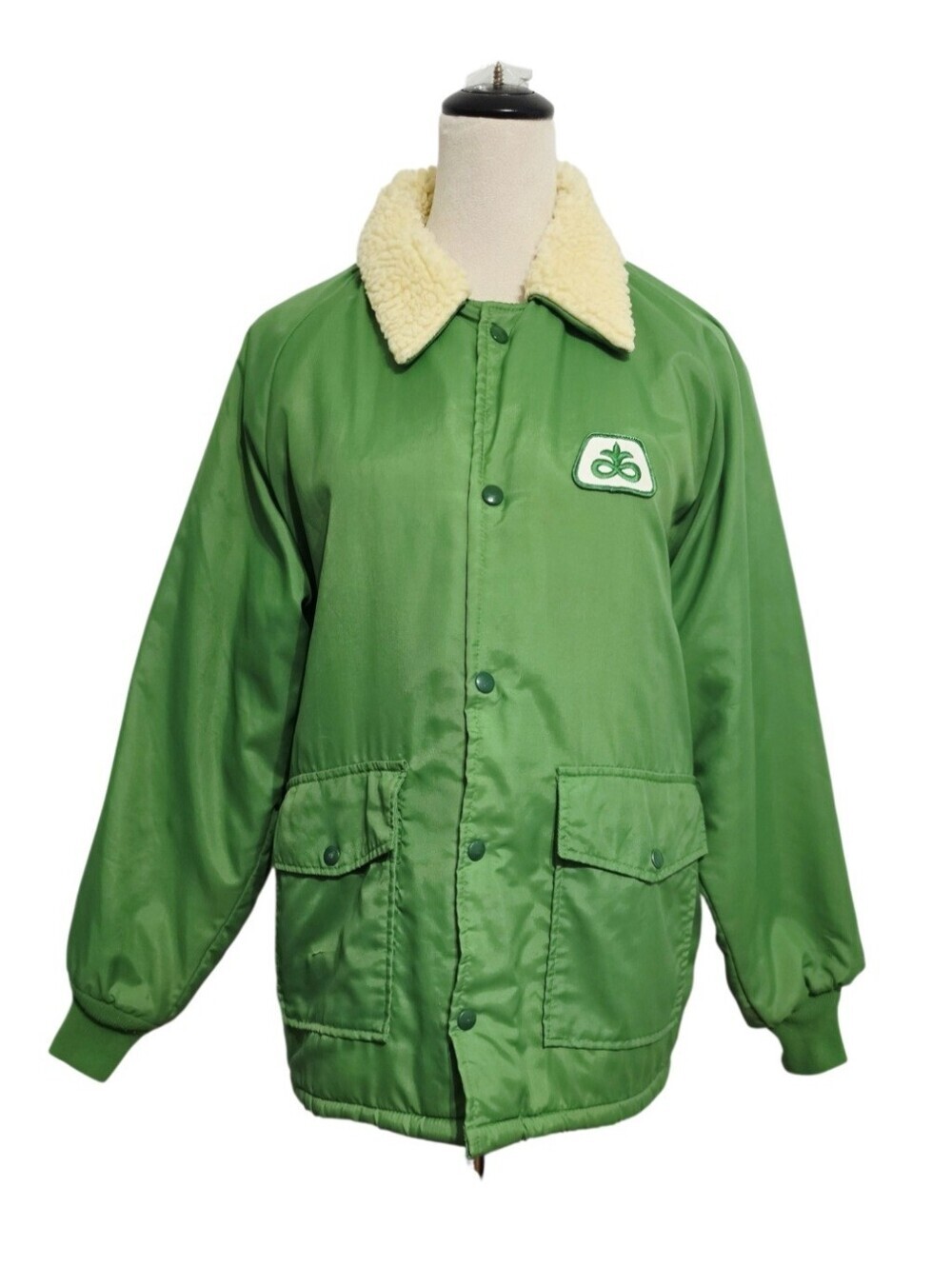 Vintage Pioneer Seed Chore Coat Upstream Sherpa Lined Green Made USA Farm Jacket